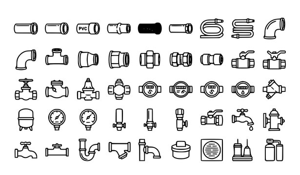 Plumbing pipes and fittings outline icons | Water supply drainage valve elbow tee editable stroke linear pack on white