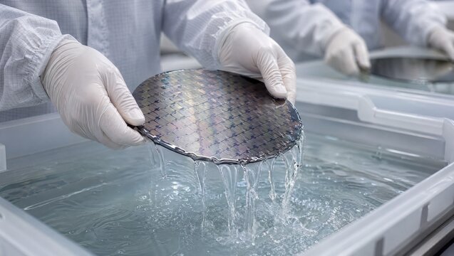 Closeup of workers rinsing wafers in DI water bath at wet bench emphasizing purity and precision in semiconductor manufacturing cleaning stages.