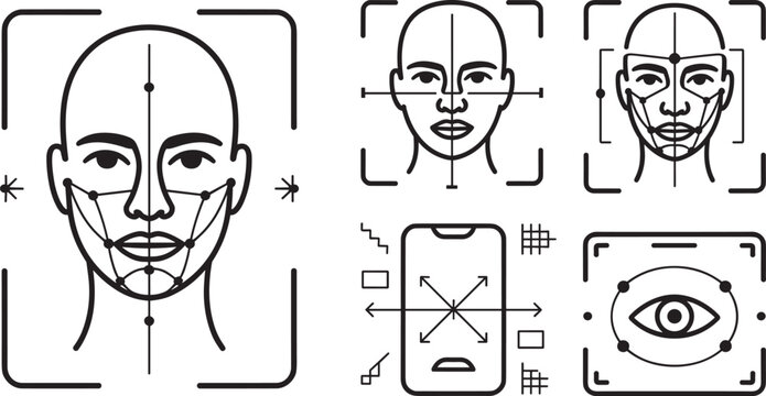 Facial recognition and face id line icon set for biometric security identity verification technology vector