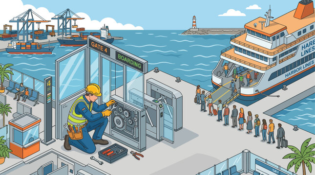 Isometric illustration of a technician repairing an automatic boarding gate at a ferry port terminal while passengers line up to board a ship, logistics and travel concept