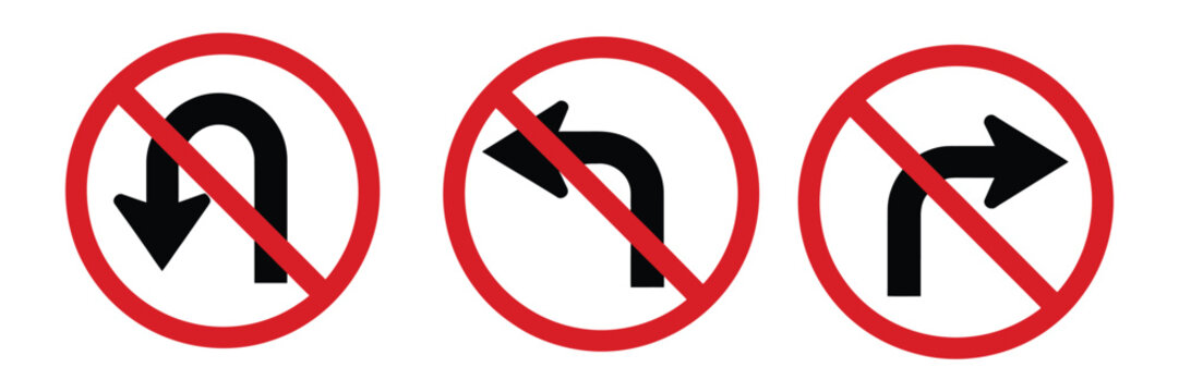 No left turn, no right turn, and no U-turn traffic sign symbol set featuring red crossed-out circle arrows, designed as clear prohibitory vector icons for road safety, traffic control, transportation,