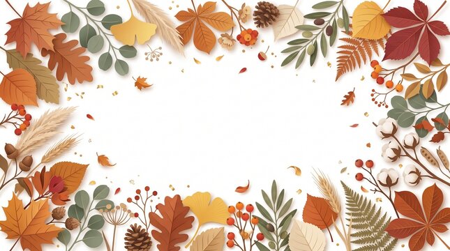 Autumn botanical paper cut frame with colorful fallen leaves and forest berries on white background