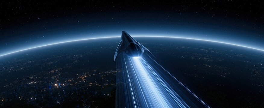 Sleek spacecraft ascending above a glowing planet with city lights and a starry cosmic background.