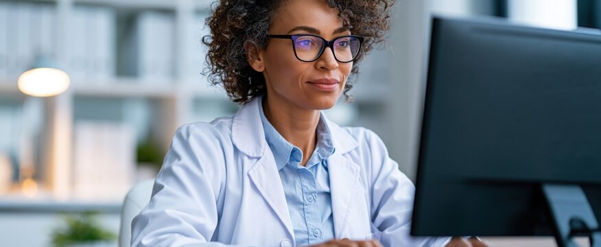 A diligent medical coder inputs billing codes in a serene well-lit office environment