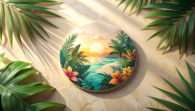 Round Frame Decorative Tropical Landscape With Colorful Sunset Over Ocean And Beach Surrounded By Flowers And Green Leaves