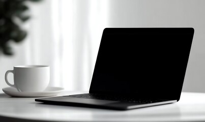 Fototapeta premium Laptop and coffee cup on a white table with sunbeams streaming through window.