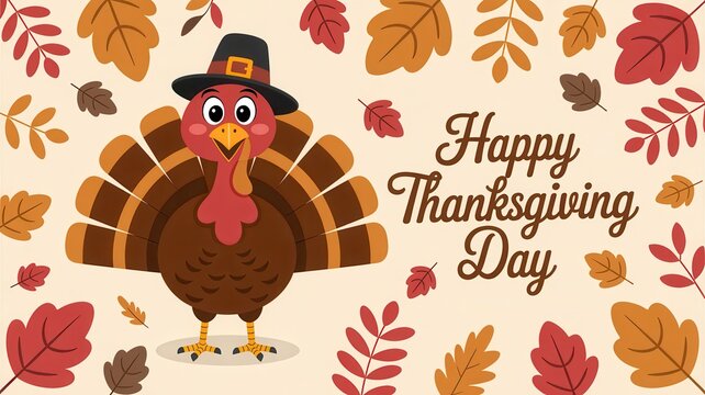 Happy Thanksgiving Day cartoon turkey in pilgrim hat with autumn leaves