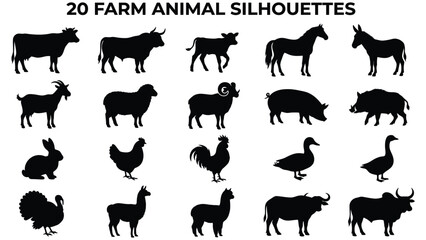 Black silhouettes of various farm animals on white background © AbdullahAl