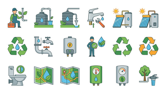 Collection of ecofriendly water and energy saving icons.