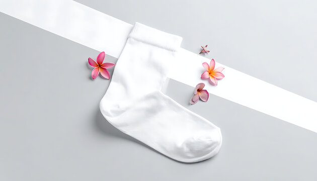 Single White Cotton Sock Laid Flat on Bright White Background with Pink Flowers