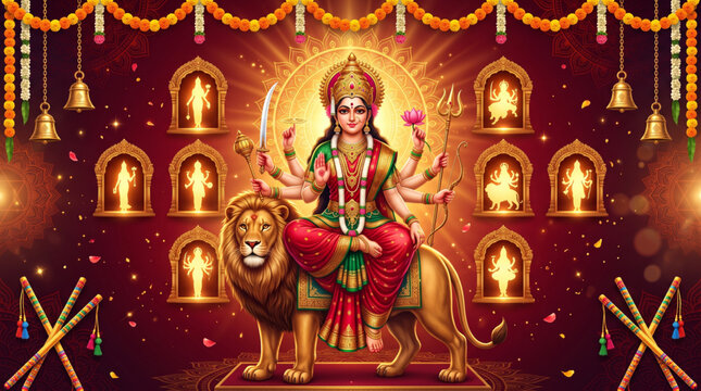 Goddess Durga seated on lion with divine halo in illuminated temple for Navratri festival celebration