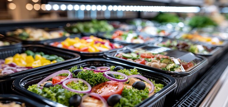 Inside a bright grocery store cooler, vibrant fresh salads and colorful prepackaged meals offer convenient healthy choices.
