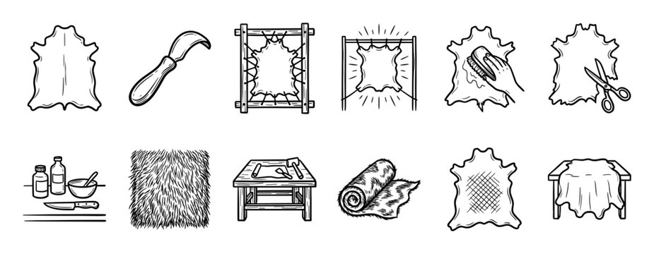 Hand-drawn leather crafting and tanning icon set showing the process of working with animal hides, including tools like knives, brushes, and scissors for processing, stretching, and cutting
