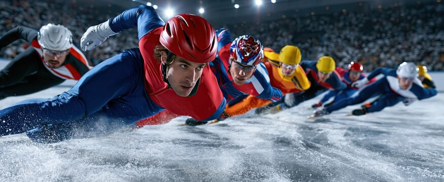 Inside a brightly lit arena, athletes compete fiercely in a thrilling short track speed skating event.