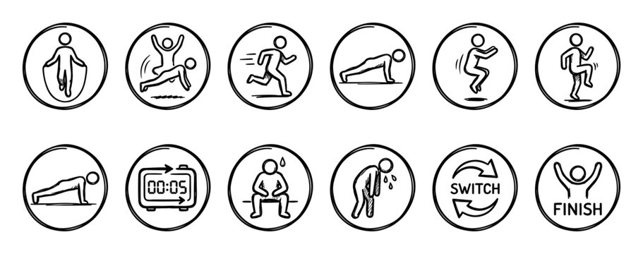 Hand-drawn fitness and workout icon set showing various exercises like running, push-ups, and jumping rope in a black and white doodle style for circuit or interval training