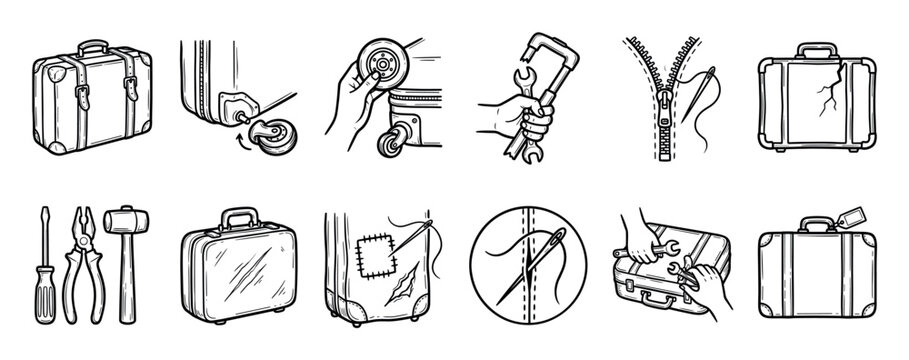 Set of hand-drawn luggage repair icons showing a broken suitcase, wheel replacement, zipper fixing, and various maintenance tools in a black and white sketch style illustration collection