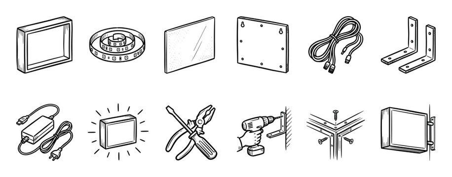 Hand-drawn instructional guide showing steps for assembling a DIY lightbox with tools, components, and mounting hardware in a black and white sketch style