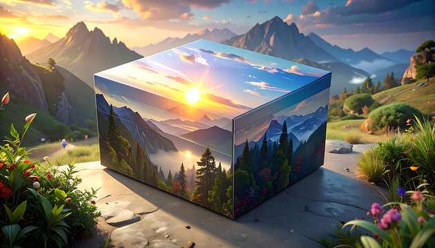 Sunset Reflected On Mountain Landscape Cube Surrounded By Wildflowers In Serene Valley