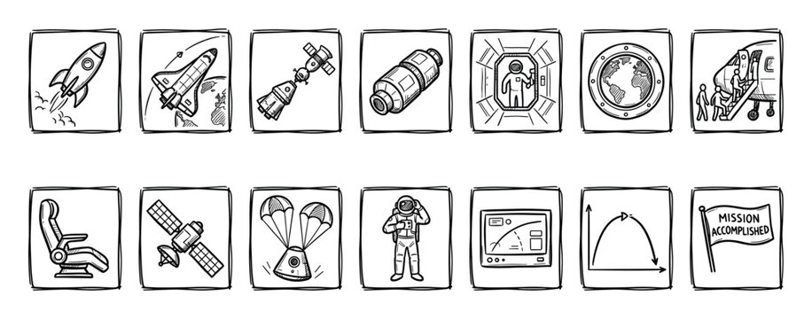 Set of hand-drawn space mission icons showing a rocket, astronaut, satellite, and shuttle in a sketchy doodle style illustrating a complete journey from launch to success