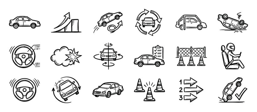 Hand drawn car testing and driving icons showing vehicle safety, crash tests, accidents, and driver training maneuvers in a simple black and white doodle sketch illustration style