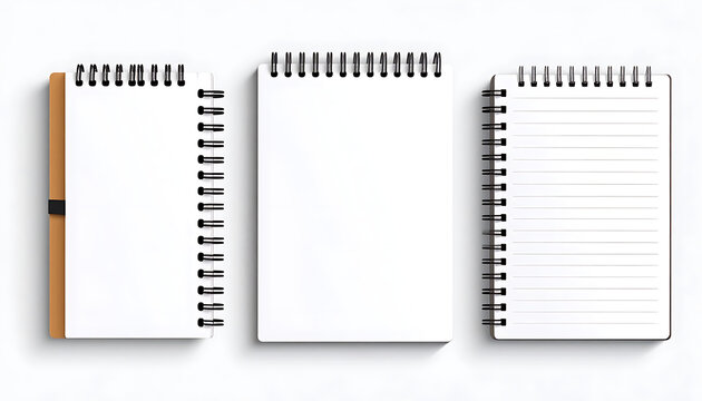 Three Blank White Spiral Notebooks Arranged on White Background with One Page Ruled