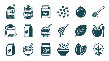 Comprehensive collection of dark blue vector icons depicting healthy superfoods including chia seed pudding jars, plant-based milk cartons, loose seeds, honey, coconut, and sprouting plants. © Kentang