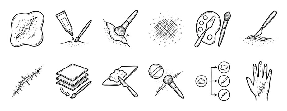 Hand-drawn special effects makeup icon set illustrating the process of creating fake scars and wounds with various tools like brushes, palettes, and scalpels in a black and white sketch style