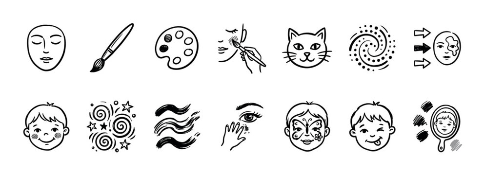 Hand-drawn black and white face painting icons showing the artistic process with a brush, palette, glitter, and various designs like a cat and butterfly on happy children's faces