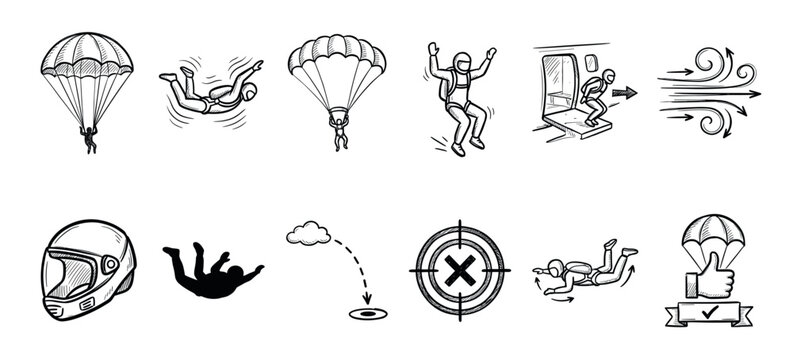 Set of hand-drawn skydiving icons showing various stages of a jump, including freefall, parachute deployment, landing, and equipment like a helmet in a black and white doodle style