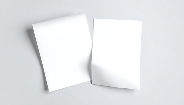 Two Blank White Sheets of Paper Isolated on White Surface with Soft Shadows