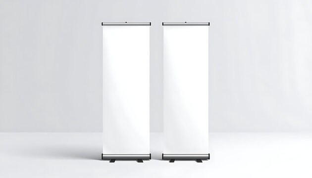 Two Blank White Vertical Advertising Banners Standing Side by Side in Minimalist Bright Room