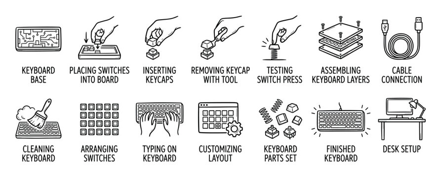 Set of hand-drawn icons illustrating the process of building and maintaining a custom mechanical keyboard, showing assembly, cleaning, and usage steps in a simple line art style
