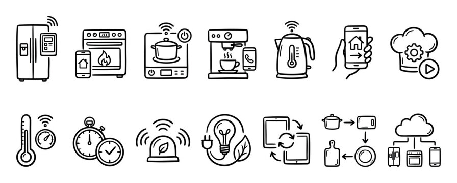 Set of smart home kitchen icons in a hand-drawn doodle style showing connected appliances like a refrigerator, oven, and coffee maker for home automation and IoT concepts