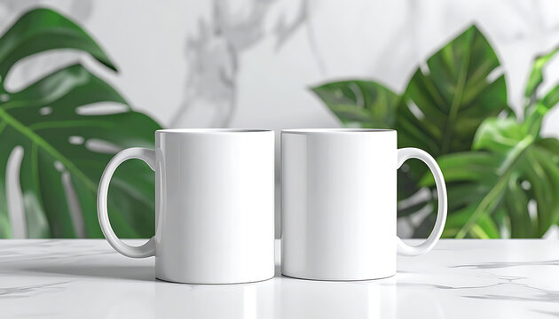 Two White Ceramic Coffee Mugs On White Table Surface With Green Plants In Background