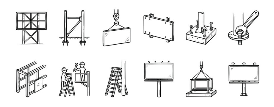 Hand-drawn billboard construction and installation icon set showing various stages of assembly, including frames, tools, workers, and structural elements for outdoor advertising