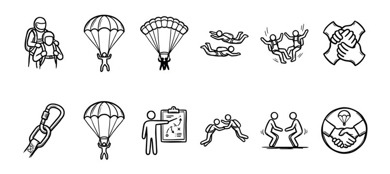Hand-drawn skydiving and teamwork icon set collection showing parachuting, freefall, tandem jumps, strategy, and collaboration in a simple black outline doodle style illustration