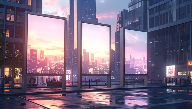 Urban Cityscape With Reflections Of Skyscrapers Through Open Windows During Pink Sunset