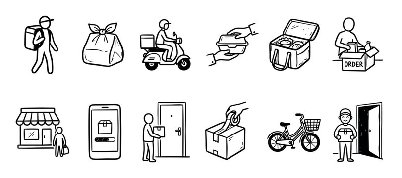 Hand-drawn delivery and shipping doodle icons in a black and white line art style, illustrating a courier, scooter, package, food, and online ordering process