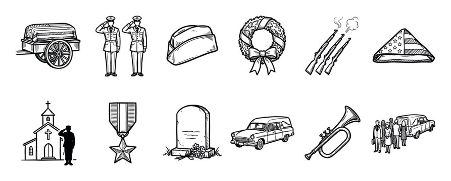 Hand-drawn military funeral icon collection showing ceremonial elements like a flag-draped casket, saluting soldiers, a bugle, and a medal in a simple black and white sketch style
