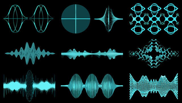 Audio waveform variations collection teal vector illustrations on a black background showcasing sound wave patterns acoustic amplitude analog compression curve