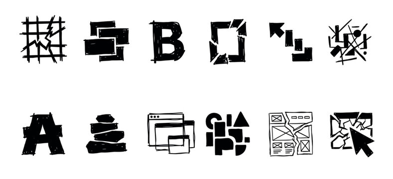 Twelve black and white abstract icons hand-drawn with a marker, showing geometric compositions, letters, arrows, and deconstructed user interface layouts in a rough sketch style