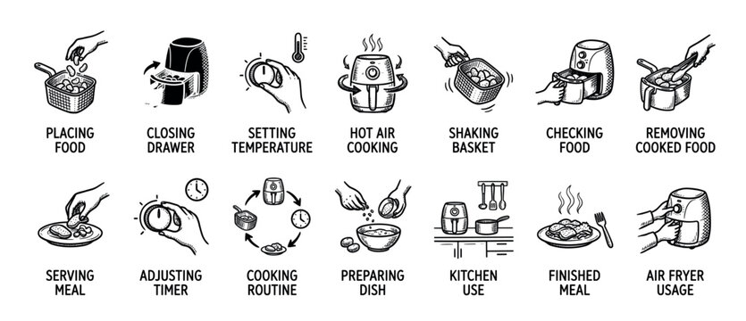 Air fryer usage instruction icon set showing the step-by-step process of cooking food, from placing ingredients to serving a finished meal, in a hand-drawn doodle sketch style