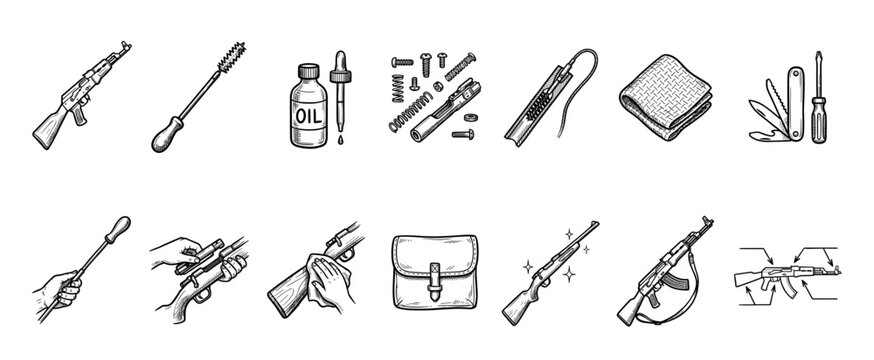 Set of hand-drawn black and white icons showing the process of cleaning and maintaining an assault rifle with various tools like a brush, oil, and cloth in a sketch style