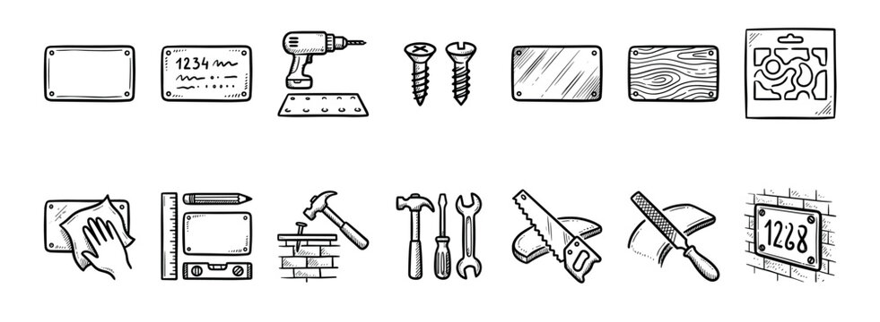 Hand-drawn icon set illustrating the process of installing a house number plaque, featuring DIY tools like a drill, hammer, saw, and screws in a black and white sketch style