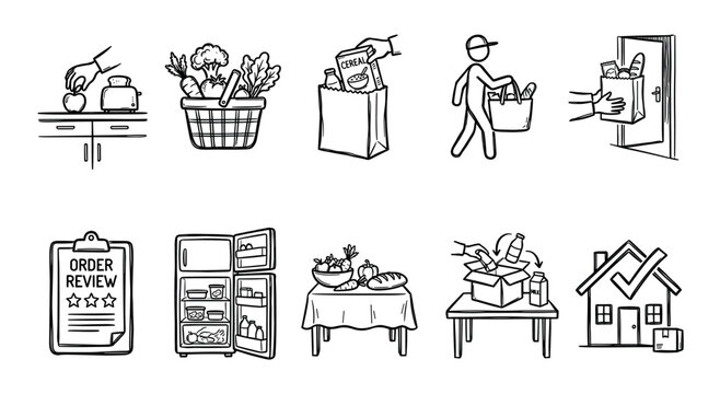 Set of hand-drawn doodle icons illustrating the online grocery shopping and home delivery process, from ordering and packing to a courier delivering food to a house