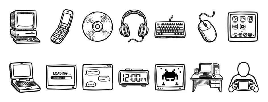 Collection of hand-drawn technology icons showing the evolution of gadgets from retro computers and flip phones to modern tablets in a black and white doodle style illustration set