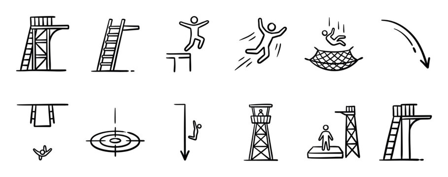 Set of hand-drawn doodle icons showing people jumping from high platforms and diving boards, and falling into safety nets, illustrating concepts of risk, courage, and extreme sports
