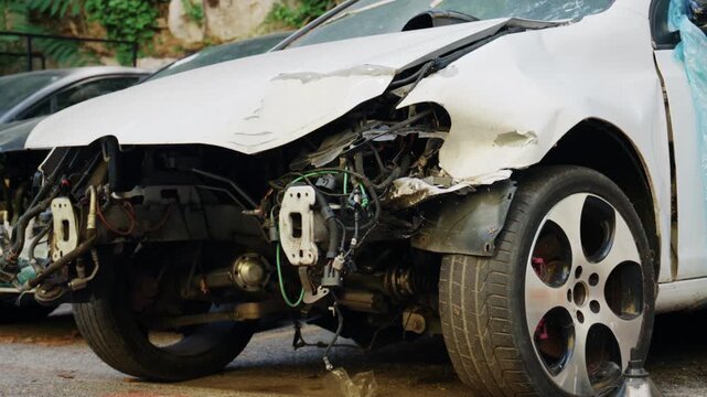 Severely damaged white car with missing front bumper and exposed mechanical parts parked in a scrapyard