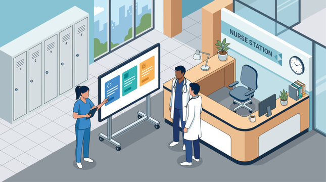 Isometric vector illustration of medical staff and doctors having a meeting at a hospital nurse station, discussing patient data on a digital whiteboard screen