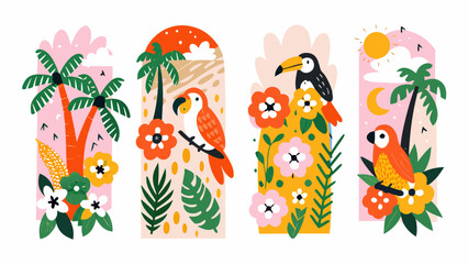 Tropical birds and palm trees illustrated scene with floral elements a vibrant vector composition parrot toucan macaw coconut illustration flower © Rabindrabath